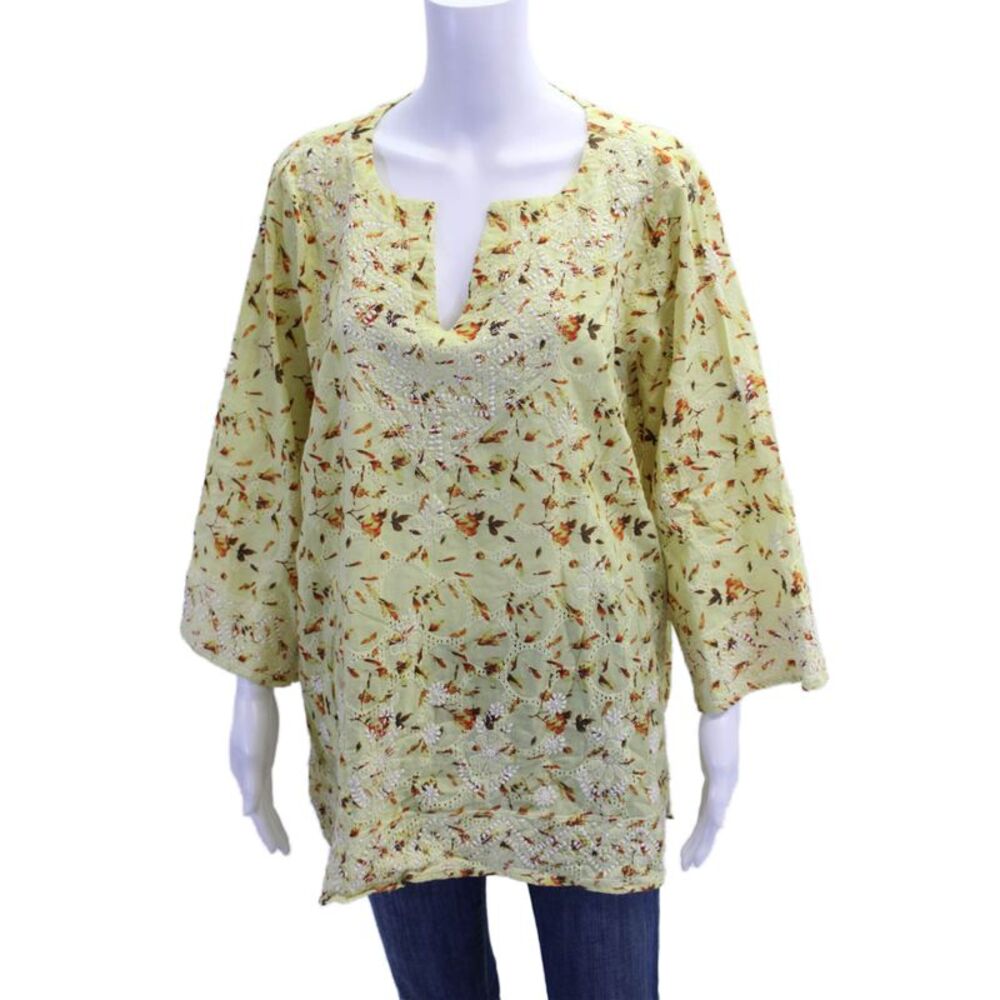 Jennifer Tyler Womens Floral Printed Embroidered V-Neck Tunic Yellow Size 50
